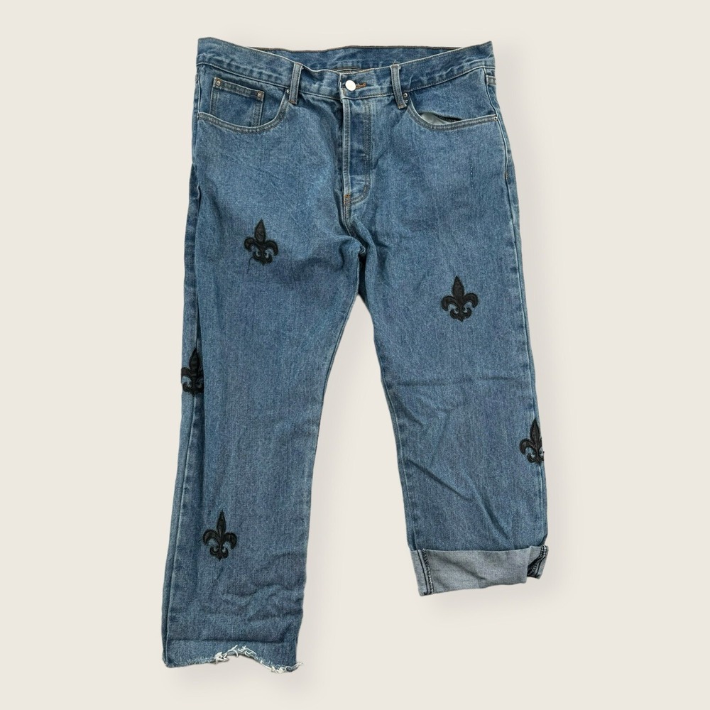MNML Jeans Mens 38 Blue Crosses Embroidered Denim Preppy Straight Leg 38X26